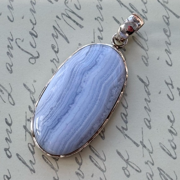 Jewelry - Large Oval Blue Agate Sterling Silver Pendant